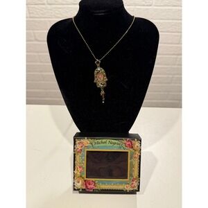 Michal Negrin Hamsa Necklace Gold Tone Filigree Crystals Pendant Boxed